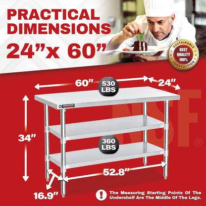 DuraSteel Food Prep Stainless Steel Table - 24 x 60 Inch Commercial Metal Workbench with Adjustable Under Shelf - NSF Certified - for Restaurant, Warehouse, Home, Kitchen, Garage
