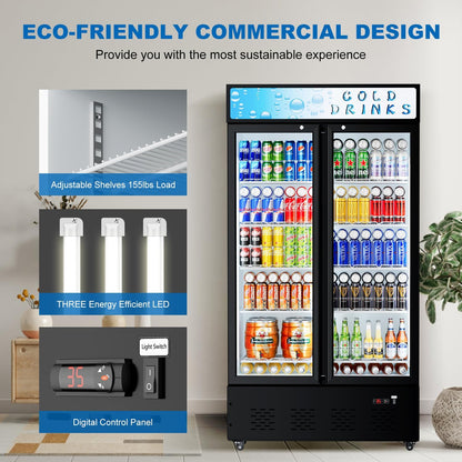 30 Cu.ft. Commercial Beverage Refrigerators Glass Door Refrigerator Upright Display Cooler with Soft LED Light and Adjustable Shelves for Restaurant Grocery Stores Home