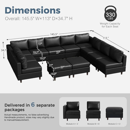 ABCASA Oversized 145.5" Faux Leather Modular Sectional Sofa, Modern Large 12 Seater U Shaped Couch with Storage Seat with Reversible Chaise Deep Seat for Living Room DIY Combination - Black
