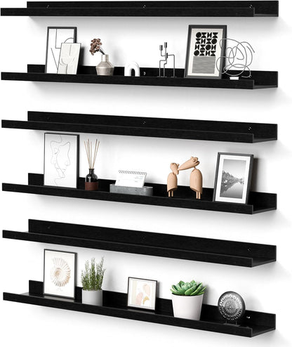 upsimples Floating Shelves for Wall, Wall Shelves for Decor Storage Set of 6, Wall Mounted Wood Shelf for Bedroom, Living Room, Bathroom, Kitchen, 35.5 inch Long Picture Ledge Shelf, Black