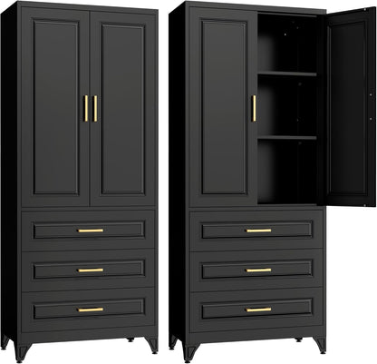 75" Kitchen Pantry Cabinet with 3 Drawers,Metal Storage Cabinets with Doors and 4 Adjustable Shelves,Black Kitchen Cabinet with 2 Gold Handles,Food Cupboard for Livingroom, Bathroom,Pantry