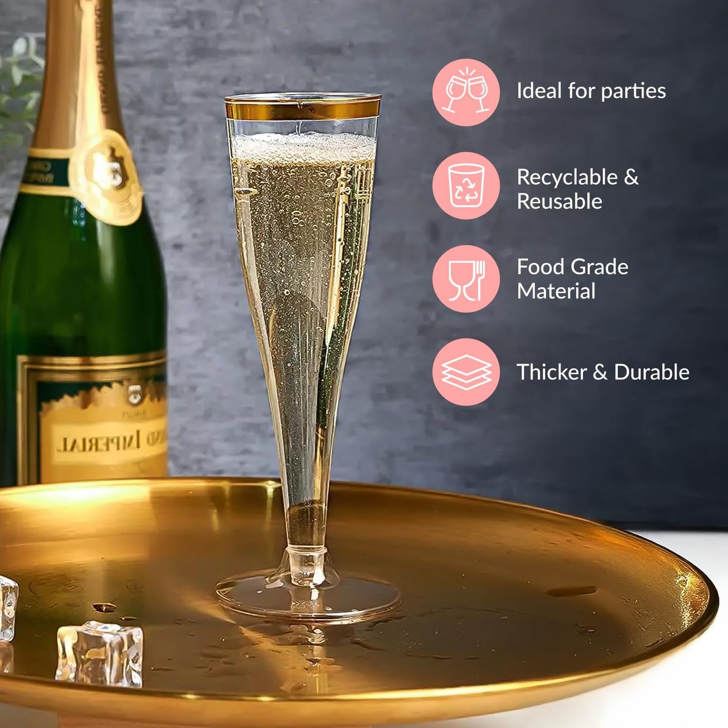 Prestee 48 Disposable Plastic Champagne Flutes with Gold Rim Glitter - Clear Toasting Glasses for Mimosa, New Year’s Eve Party, and Elegant Celebrations - Premium Quality Disposable Stemware