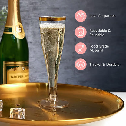 Prestee 48 Disposable Plastic Champagne Flutes with Gold Rim Glitter - Clear Toasting Glasses for Mimosa, New Year’s Eve Party, and Elegant Celebrations - Premium Quality Disposable Stemware