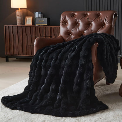 Lotus Karen Faux Fur Throw Blanket Black - Big Bubble Rabbit Fluff Blanket for Couch, Small Fluffy Fuzzy Cozy Blanket, Thick Furry Plush Shaggy Blankets, 50x60 Inches