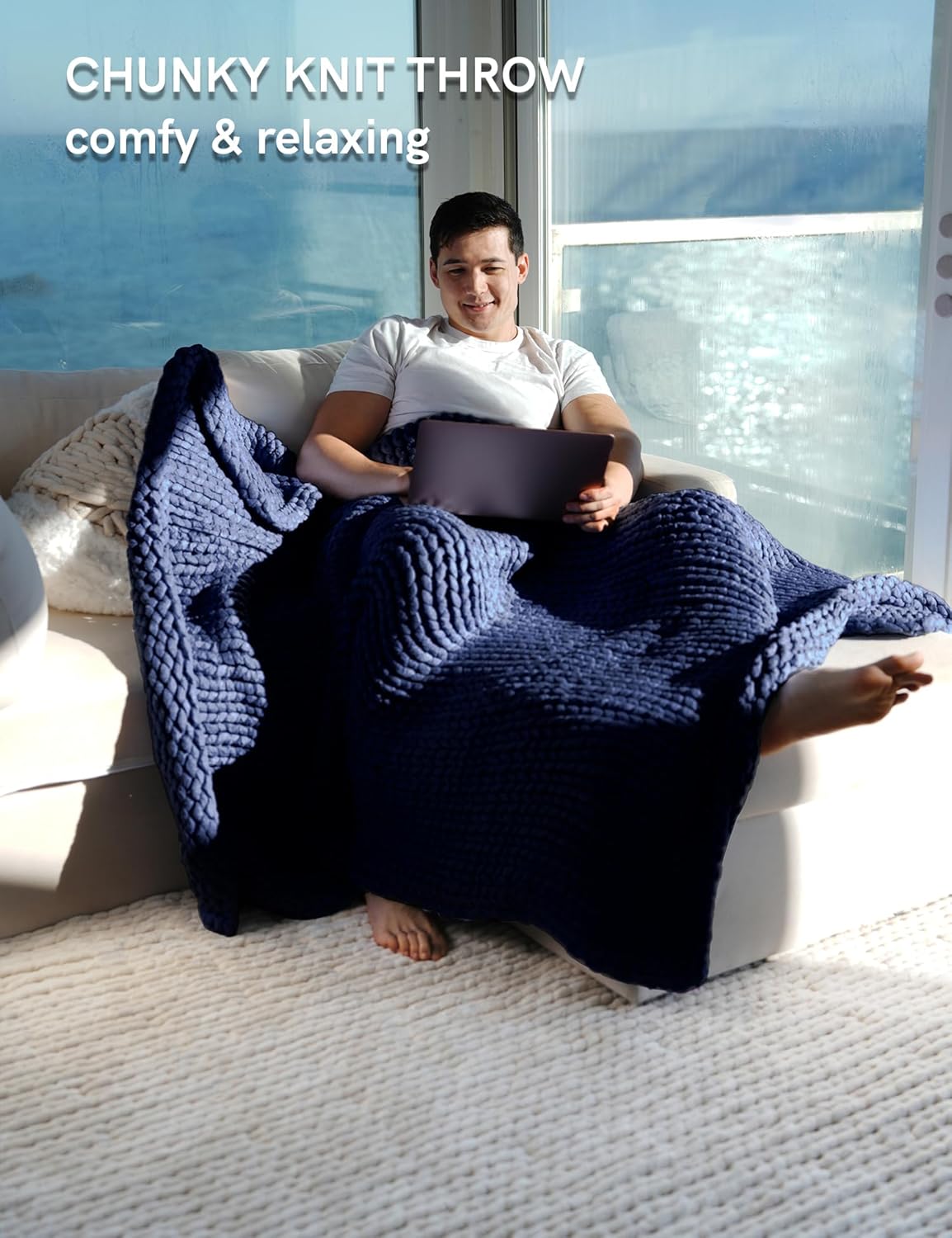 YnM Chunky Throw Blanket, Medium-Weight, Hand Knitted, Skin Friendly, Ventilated and Breathable, Machine Washable, Home Décor Piece for Couch, Sofa and Bed (Indigo Blue, 50x70 Inch)