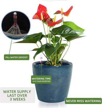 Dexceder 9x8 Inches Self Watering Planter Indoor Outdoor, Inner Pot Design, Thickened Table Flower Plant Pot with Water Level Indicator (Grayish Green Gradient)