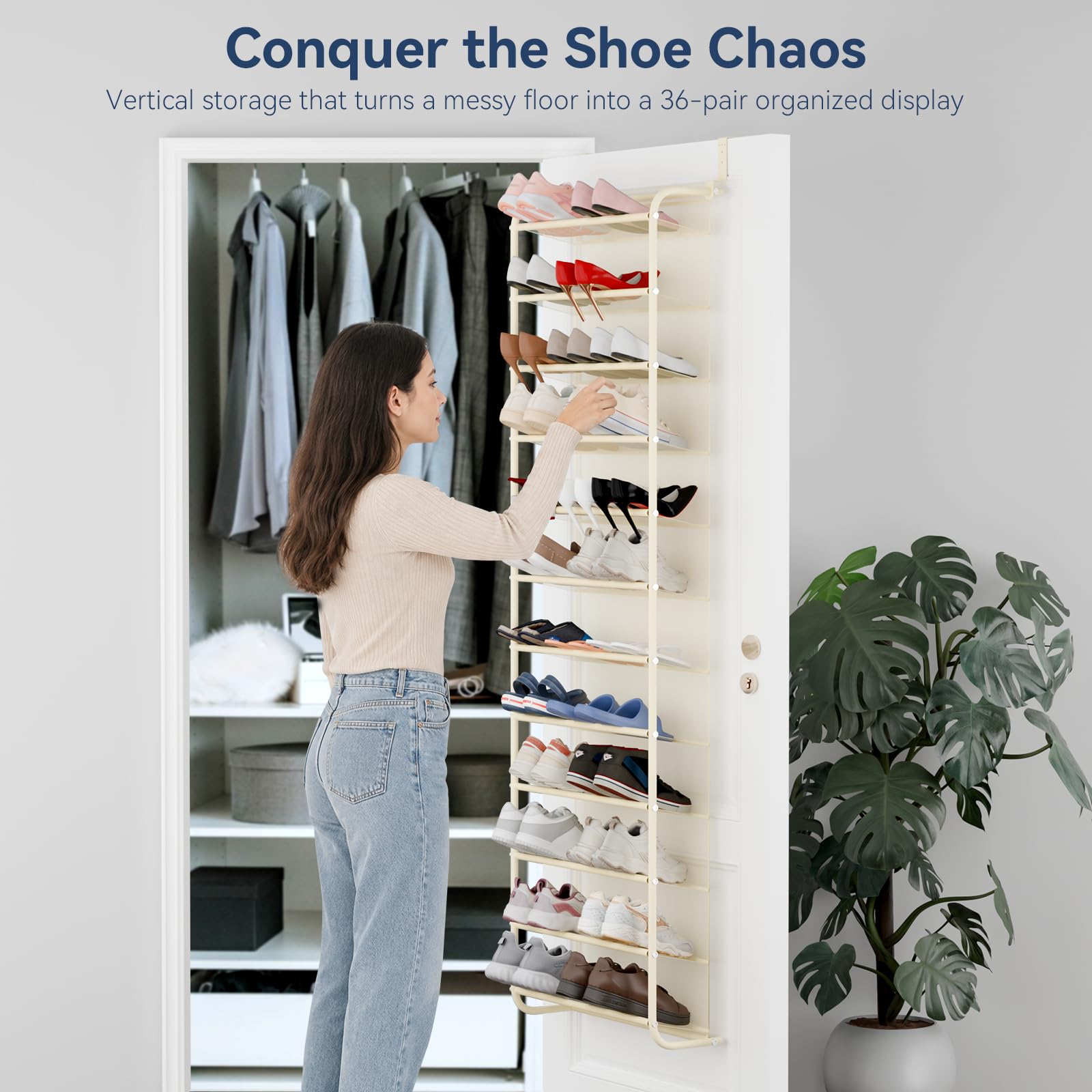 Whitmor 36 Pair Over The Door Shoe Organizer, 12 Tier Hanging Shoe Organizer, Heavy Duty Metal &