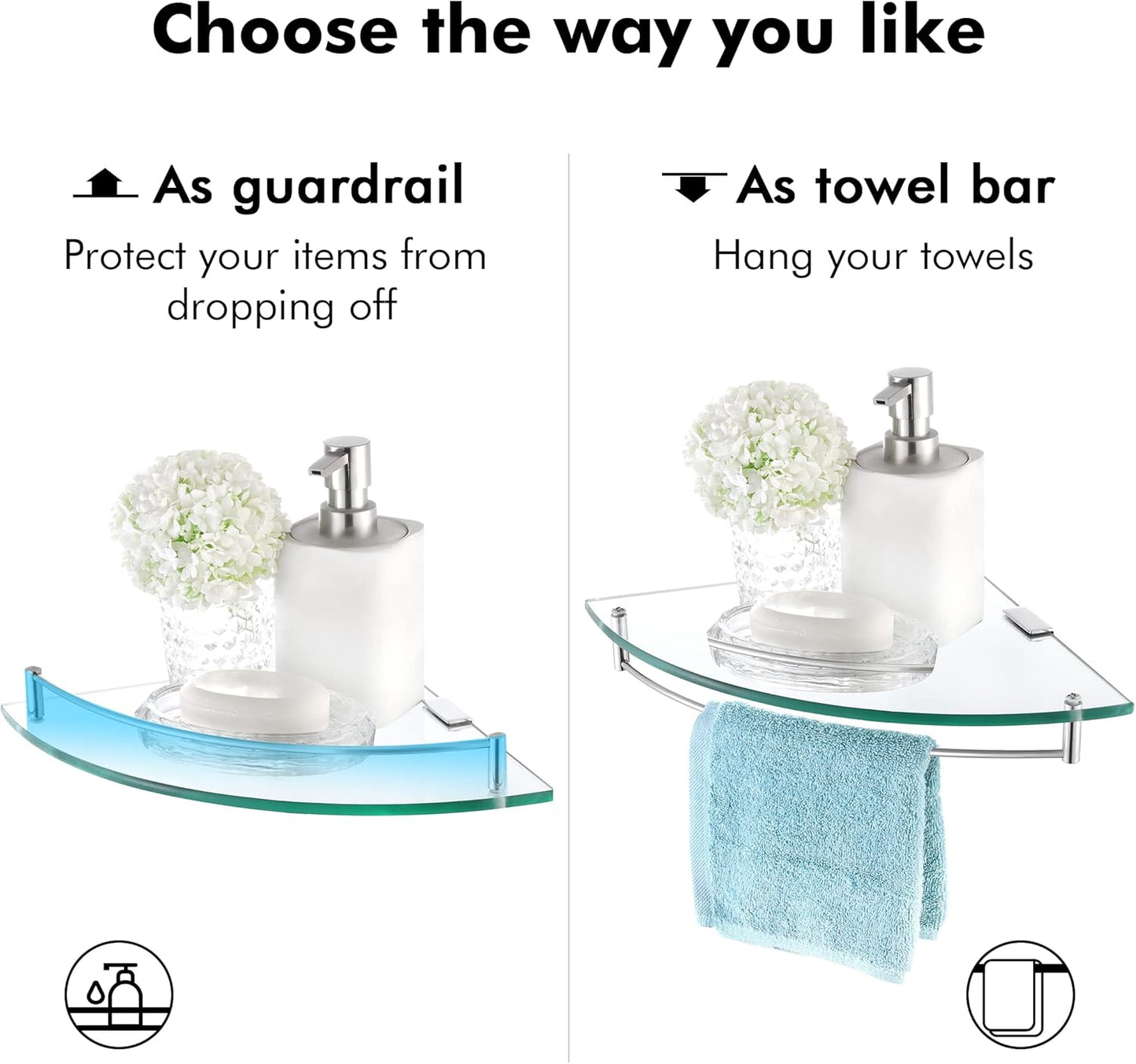 KES Glass Corner Shelf Bathroom Shelf Tempered Glass with Rail SUS 304 Stainless Steel Floating Wall Mount Bracket Polished Finish, BGS2101A