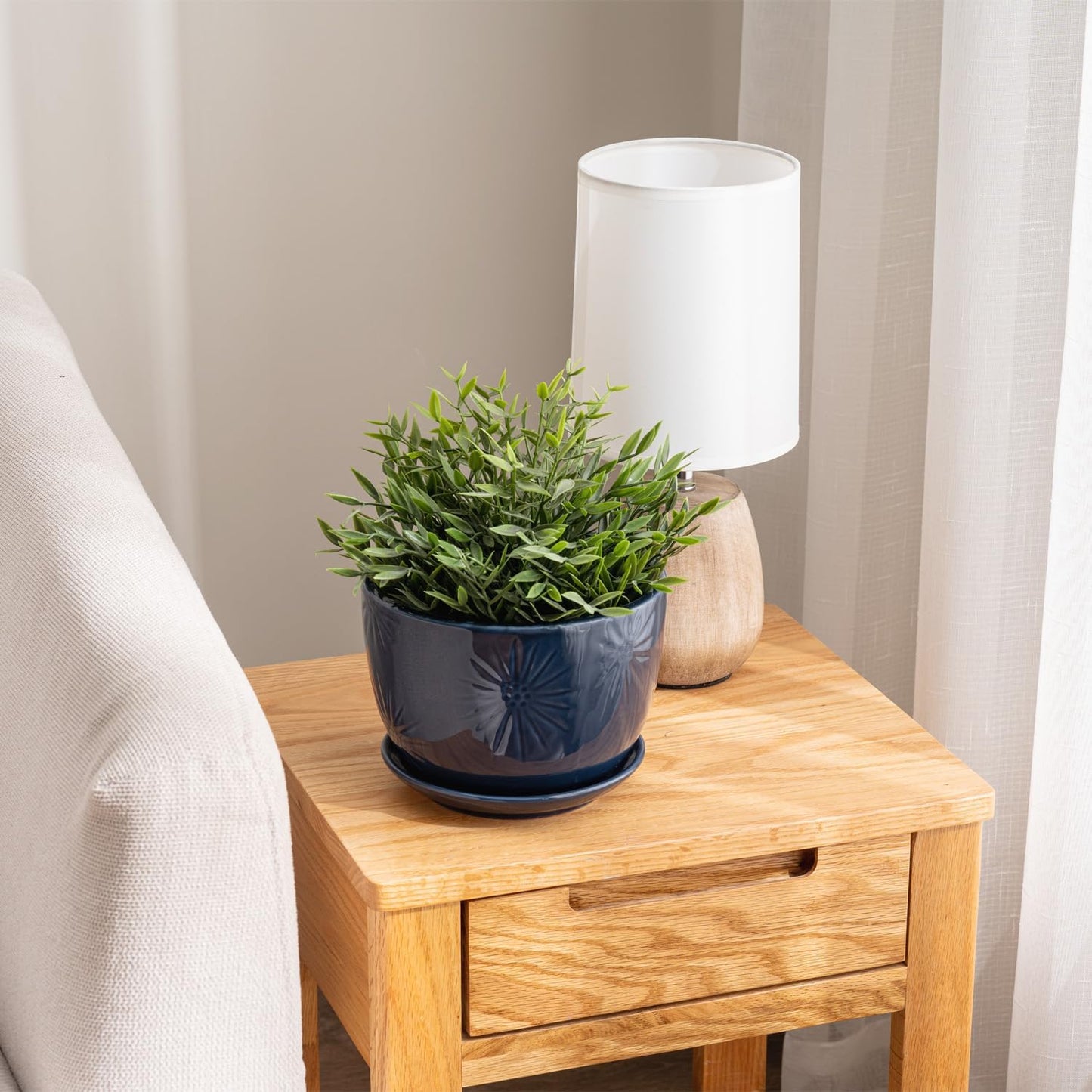 MyGift 7 Inch Round Blue Ceramic Plant Pot with Drainage Hole and Attached Saucer, Modern Decorative Embossed Sunburst Planter Container for Indoor Home Garden