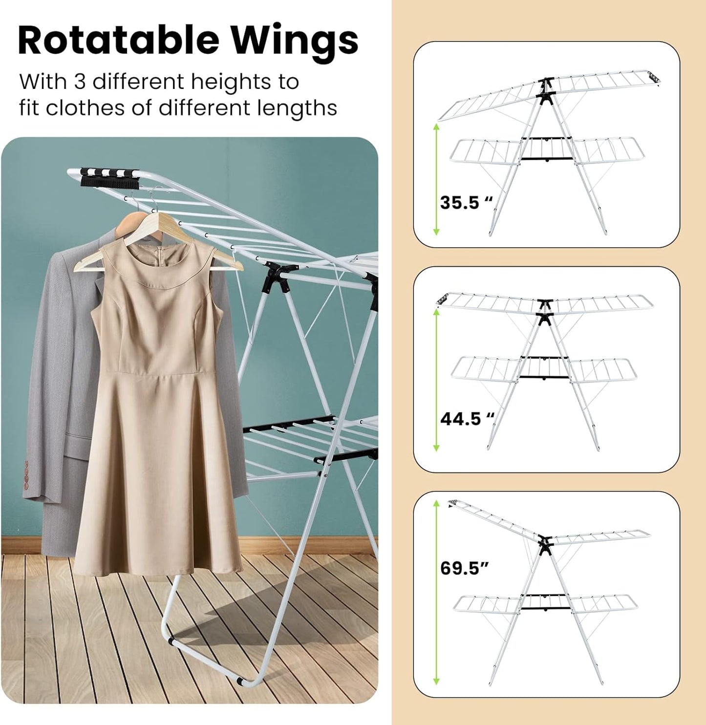 COSTWAY Clothes Drying Rack, Foldable 2-Level Laundry Drying Rack w/Height-Adjustable Wings, 33 Drying Rails & Sock Clips, Standing Large Drying Rack for Clothing, Indoor Outdoor Use