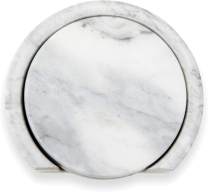 Fox Run Natural Polished Marble Coasters, Set of 4 White Coasters With Holder