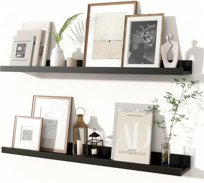 Fun Memories Picture Ledge Shelves Set of 2, 32 Inch Rustic Wall Mounted Floating Shelves with Lip for Home Storage and Décor in Bathroom, Kitchen, Nursery, Bedroom, Living Room, Black
