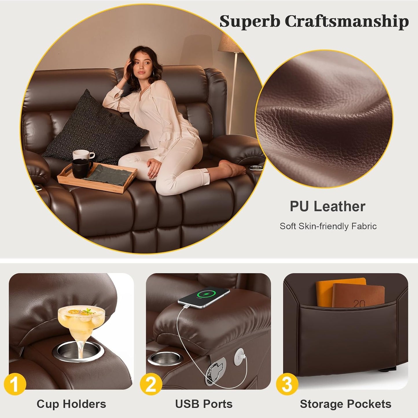 RV Loveseat Recliner Sofa, PU Leather RV Reclining Loveseat with USB Charge Ports, Cup Holders, 2 Seater Manual Pull Tab Recliner Sofa Couches for Living Room/RV, Brown