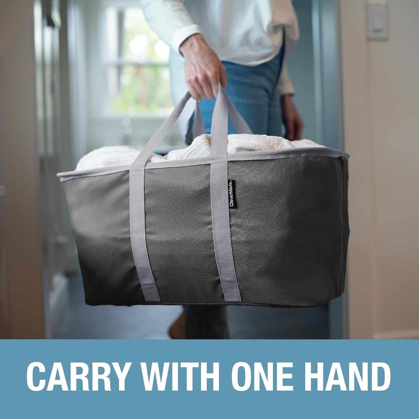 CleverMade Collapsible Laundry Tote - Midnight Black Shadow Gray 2-Pack 50L - Foldable Storage Organization Container for Clothes Laundry Room Storage