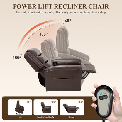 COLAMY PU Leather Power Lift Chair with Massage and Heat,Electric Lift Recliner Chair with Thick Cushioned Padding Backrest for Living Room, Office, Bedroom -Darkbrown