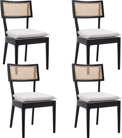 Rattan Dining Chairs Set Of 4 , Mid Century Modern Black Wooden Cane Back Chairs with Removable Linen Cushion , Retro Farmhouse Upholstered Kitchen & Dining Room Chairs for Restaurant Living Room