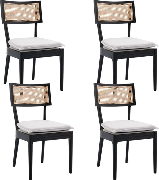 Rattan Dining Chairs Set Of 4 , Mid Century Modern Black Wooden Cane Back Chairs with Removable Linen Cushion , Retro Farmhouse Upholstered Kitchen & Dining Room Chairs for Restaurant Living Room