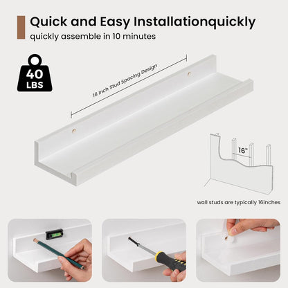 Picture Ledge Shelf, Solid Pine Wood Floating Shelves Set of 4, 16 Inches Nursery Book Shelves for Toys Storage, Kids Bookshelf Wall Mounted for Living Room Decor Photo Frames, White