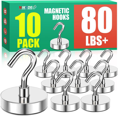 MIKEDE Magnetic Hooks, 80 Lbs Heavy Duty Earth Magnets with Hooks for Cruise Cabin, 10 Pcs Strong Locker Magnetic Hooks for Hanging, Metal Magnetic Hanger for Classroom, Grill, Fridge, Kitchen