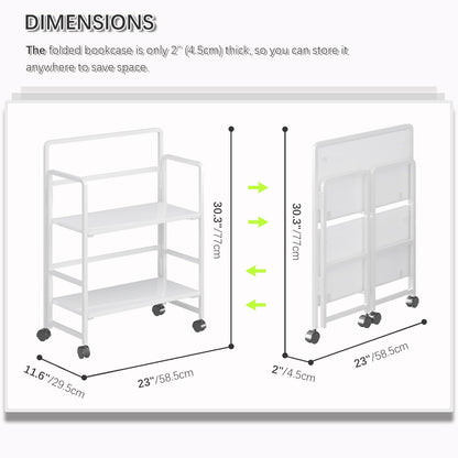 4NM 2 Tiers No-Assembly Folding Bookshelf with Wheels, Portable Rolling Storage Bookcase & Compact Side Table for Living Room, Bedroom, Kitchen, Bathroom (All White)