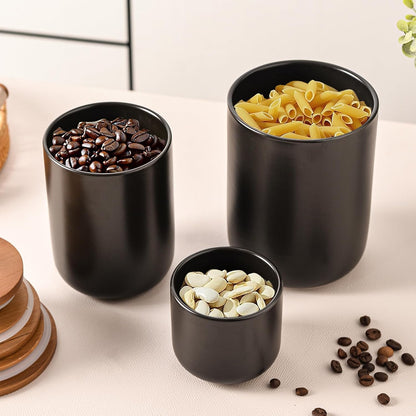 Black Ceramic Canister Set with Bamboo Lids, 3-Piece Airtight Food Storage Jars for Kitchen - Flour, Sugar, Coffee, Tea, Spice - Small, Medium, Large Sizes