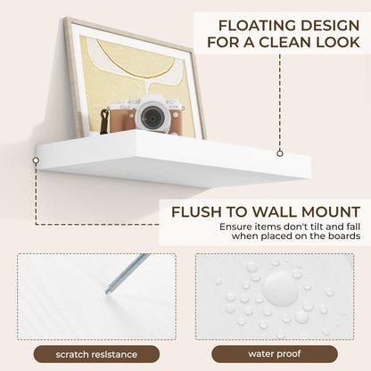 RICHFOCUS 16Inch Floating Shelves for Wall 2 Pack Shelves for Bedroom|Kitchen|Bathroom Wall Mounted Rustic Wood Floating Shelf with Invisible Brackets for Books|Storage|Decor, White