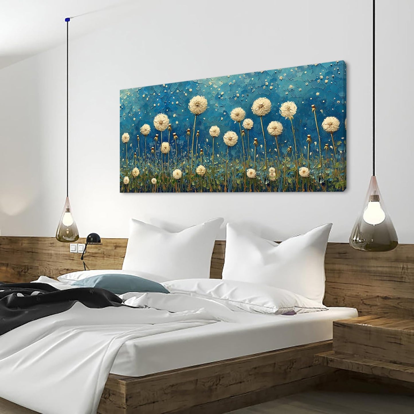 LASMOND Teal Dandelion Wall Art for Living Room Abstract Blowball Canvas Painting Prints Large Flower Floral Grassland Bedroom Decoration Modern Artwork Decor (40x20 Inches)