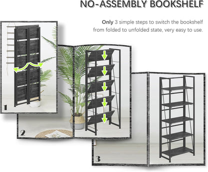 4NM No Assembly Foldable Bookshelf, 5-Shelf Collapsible Bookcase Storage for Small Spaces, 62.2" H, Gray and Black