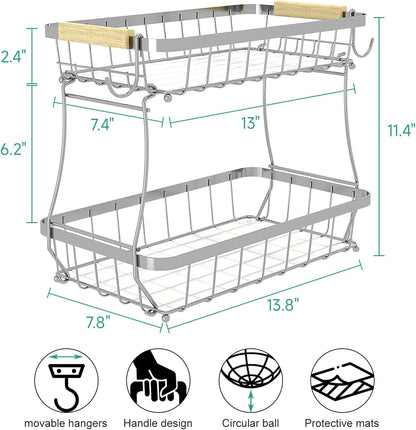 2 Tier Fruit Basket for Kitchen Counter with 2 Banana Hangers, 2025 Pro Detachable Metal Fruit Bowl with Wooden Handle,Fruit Holder for Bread Snack Veggies, Silvery