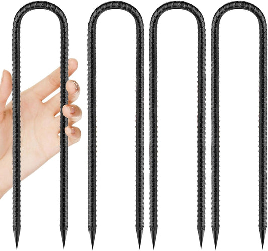 Rebar-Stakes-12-Inch, Ground Stakes Heavy Duty U-Hook Black Coated Anti-Rust Heavy Duty Ground