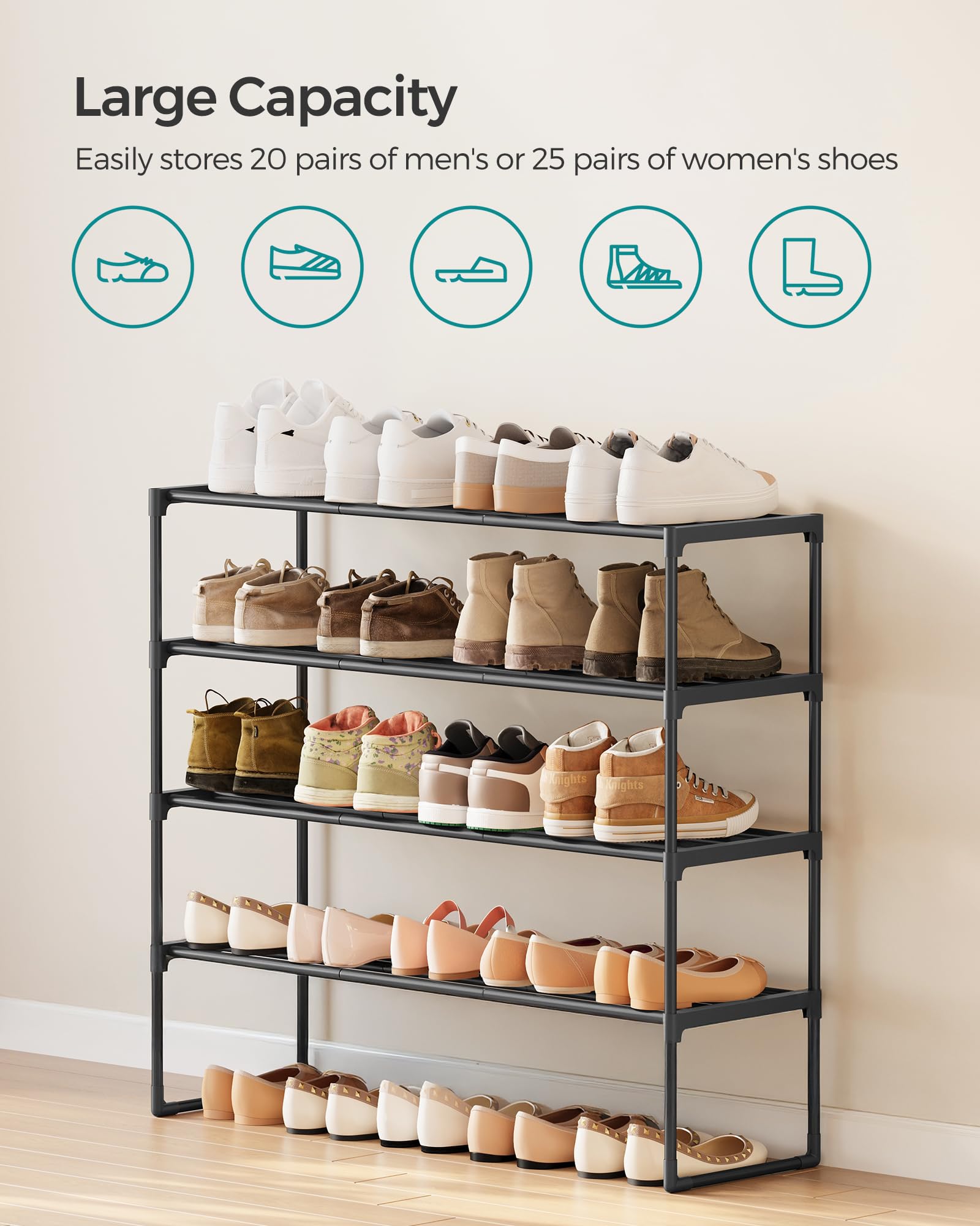 SONGMICS Shoe Rack, 4-Tier Shoe Organizer, Metal Storage Shelf, Upright or Upside Down, for 20-25