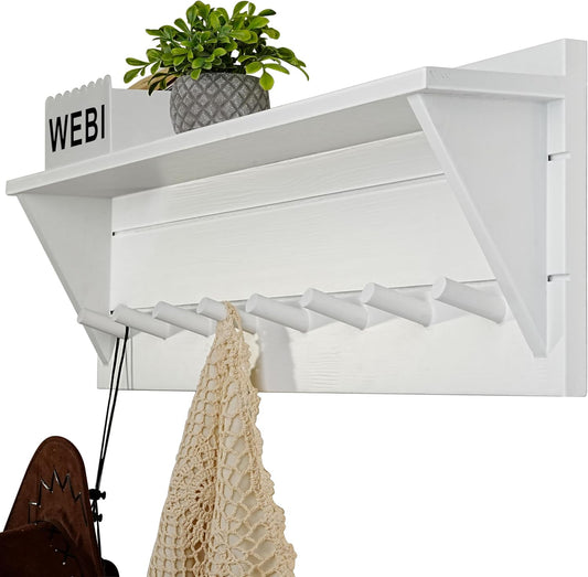 WEBI Coat Rack Wall Mount with Shelf,8 Peg Hooks,34" Long Entryway Wall Shelf with Hooks Underneath for Hanging Coats,Caps,Jacket,Clothes,White