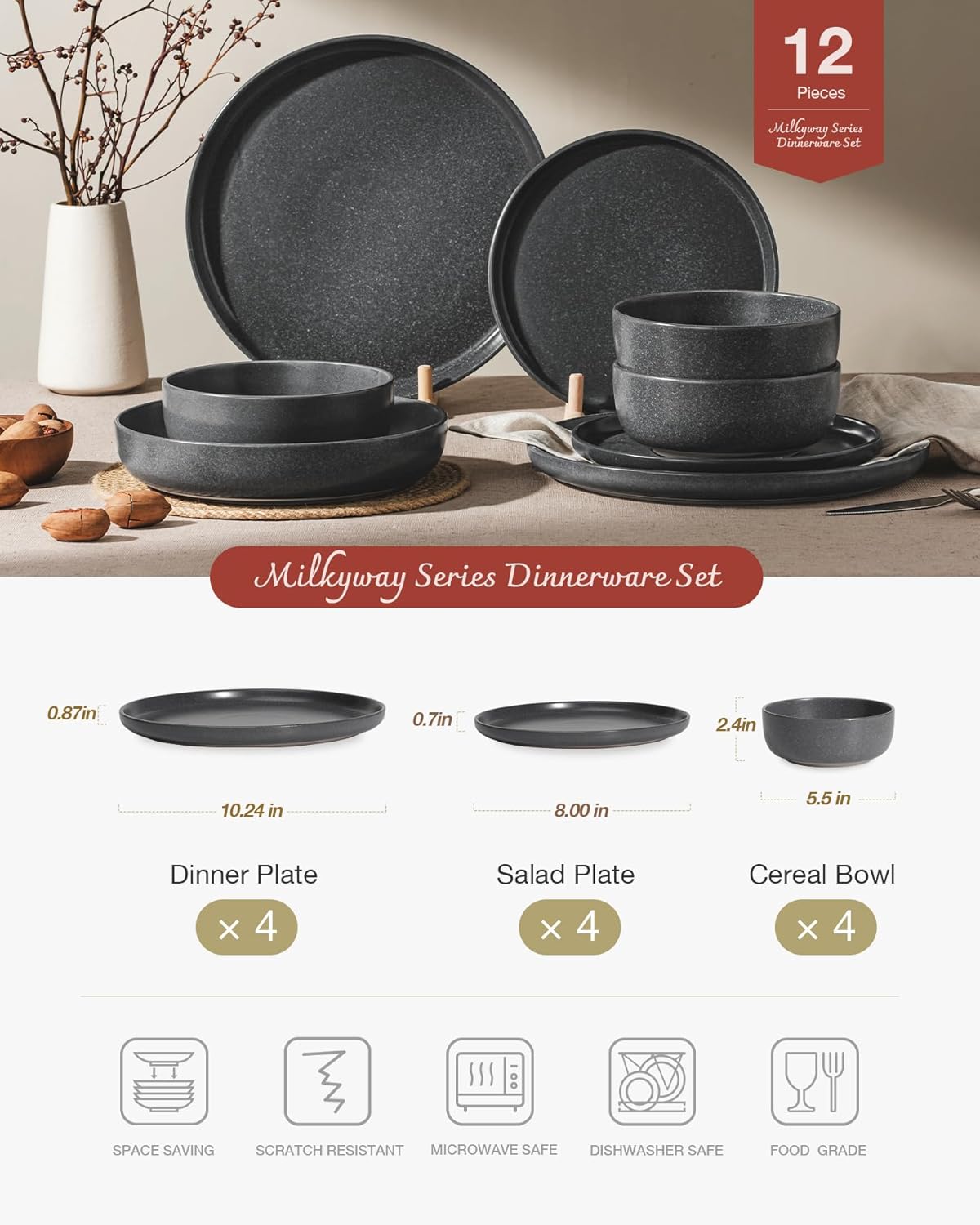 Famiware Milkyway Plates and Bowls Sets, 12 Pieces Dinnerware Sets, Reactive Glaze Dish Set, Stoneware Dishes Set for 4, Matte Dark Charcoal