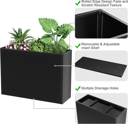 Tall Metal Cube Planter for Outdoor Plants 30" L x 12" W x 24" H, Heavy Duty Steel Large Planter Box with Removable Insert Shelf, Modern Décor for Tall Plants, Trees, Flowers (Black)