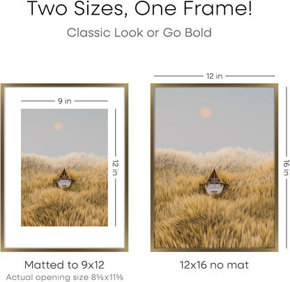 Homeforia 12x16 Picture Frame Bronze, High End Metal 12x16 Brass Poster Frames with Mat 9x12 Photo, 12 x 16 Bronze Frame Matted to 9 by 12 Print, 16by12 Thin Frames, Tempered Glass, Wall Kit, Set of 1