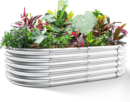 Land Guard Galvanized Metal Raised Garden Bed Kit, 8x4x1.5ft Large Planter Boxes Outdoor, Oval Gardening Box, Patio Garden Planter Box for Vegetables (Silver)