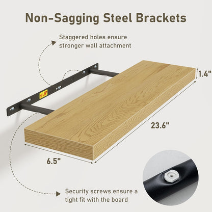 Fun Memories Floating Shelves Wall Shelf 24 inches Long, Farmhouse Bathroom Shelves Bedroom Kitchen Living Room Shelf Wall Mounted, 24 x 6.7 x 1.4 inch Set of 3, Oak Color