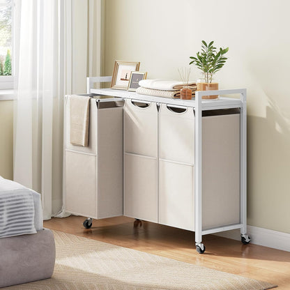 HOOBRO Laundry Sorter 3 Section, Laundry Hamper with Wheels, 3 × 11.5 Gal (43.4L), Rolling Laundry Basket, Pull-Out and Removable Oxford Fabric Bags, White WG76XY01