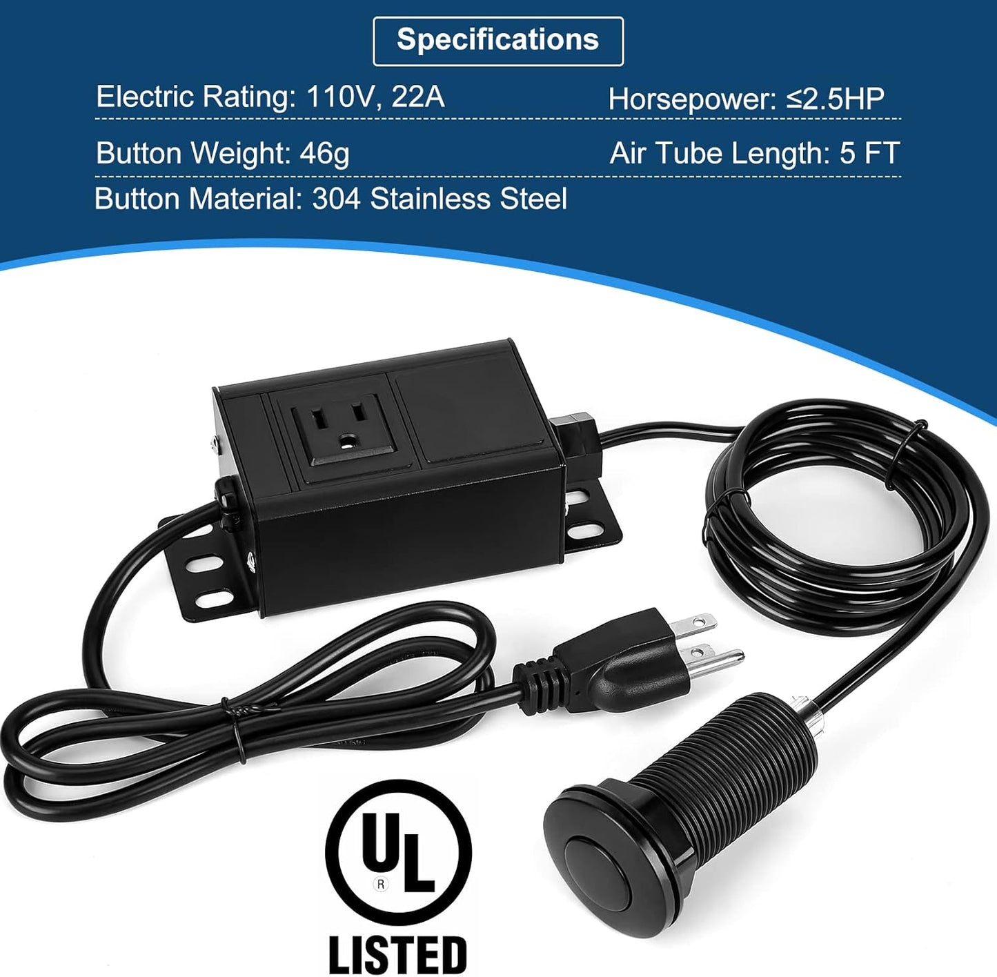 Air Switch Kit for Garbage Disposal, UL Listed Sink Top Air Switch for Food Waste Disposal, 3.58” Extra Long Air Button (Black Stainless Steel)