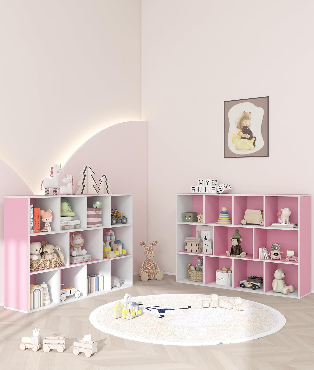 11-Cube Pink Kids Bookshelf and Toy Organizer – Wooden Storage Shelf for Girl’s Room and Nursery, Ideal Gift for Toddlers and Preschoolers