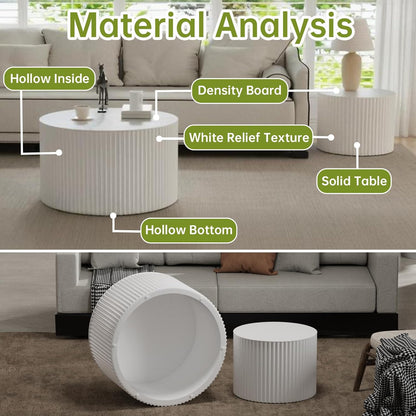 Round Nesting Coffee Table Modern White Fluted Coffee Table Set of 2 Stripe Cream Round Coffee Tables Circle Drum Coffee Tables Side Table Accent End Table for Living Room (White B Large)