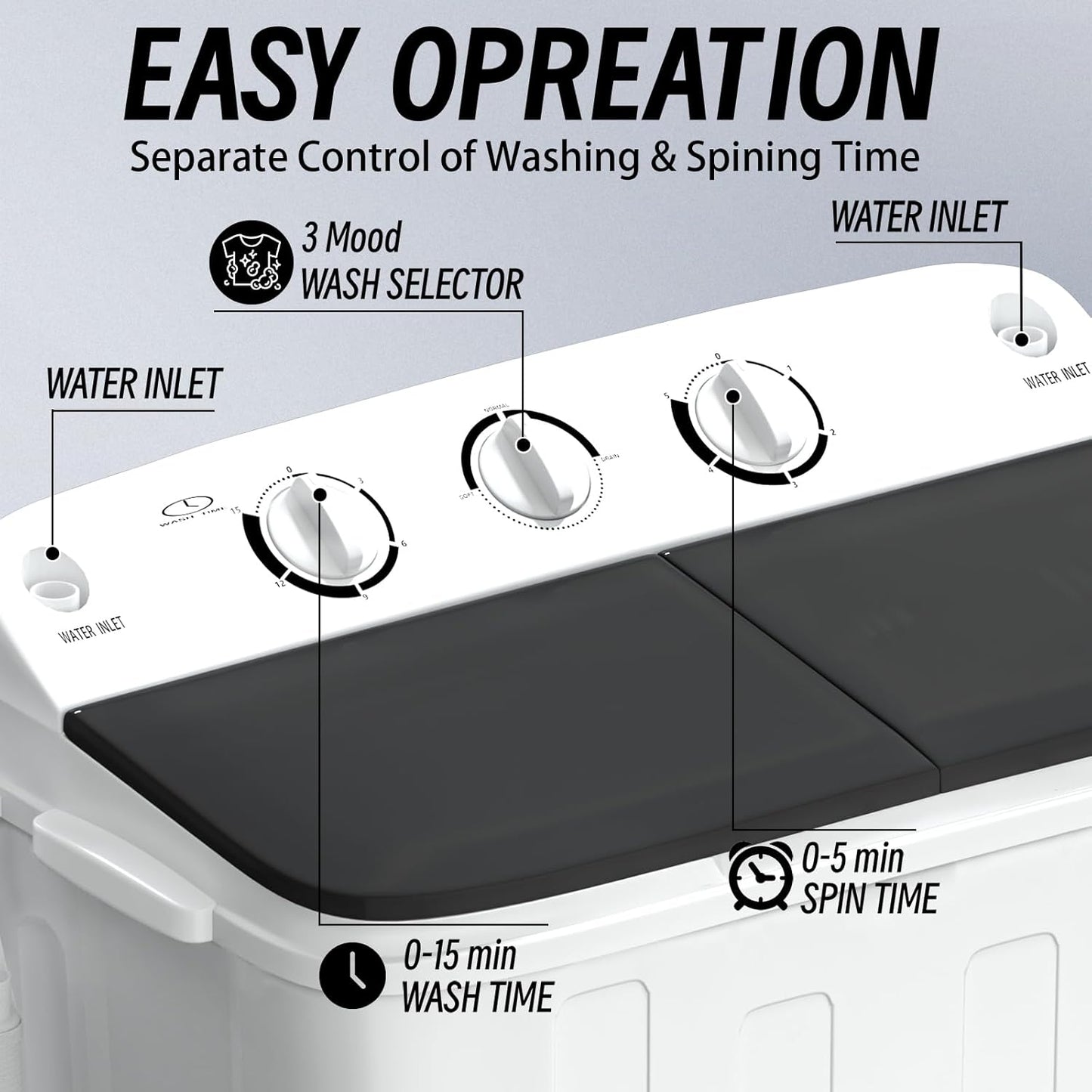 Portable Mini Twin Tub 18lbs Washing Machine With Drying Rack& 10 Hangers, 11lbs Washer & 7lbs Spinner, Small Laundry Washer with Time Control for Camping, Apartments, RV (18lbsBlack)