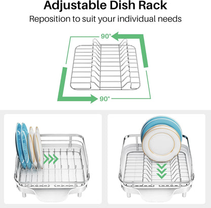 Dish Drying Rack, Expandable Dish Rack for Kitchen Counter, Stainless Steel Dish Drainer with Drainboard Set and Utensil Holder (White)