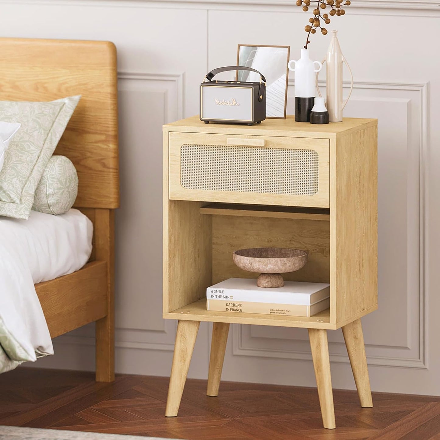 Rattan Nightstand with Opening Storage,Boho Bedside Table with Drawer,Wood Nightstand with Solid Wood Legs,End Side Table for Living Room,Bedroom,Small Space Natural CTG62Y