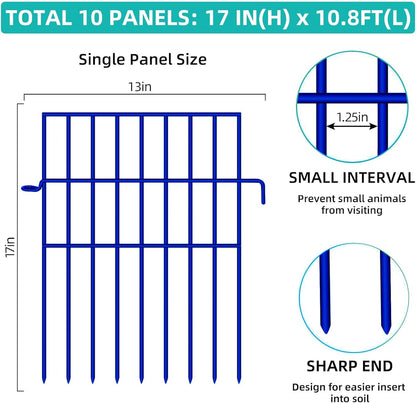 Animal Barrier Fence, 10 Panels No Dig Fences, 17in(H) X 10.8ft(L) Garden Fence Animal Barrier for Rabbits and Dog Under Fencing Barrier, Rustproof Metal Fences Border for Outdoor, Yard, Patio