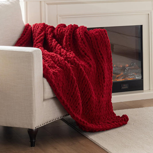 Chunky Knit Blanket Throw, 100% Hand Knit Throw Blanket Handmade Chenille Cable Knit Throw for Couch, Stylish Cozy Soft Rope Knot Crochet Blanket for Home Decor, Red, 50x60 Inches