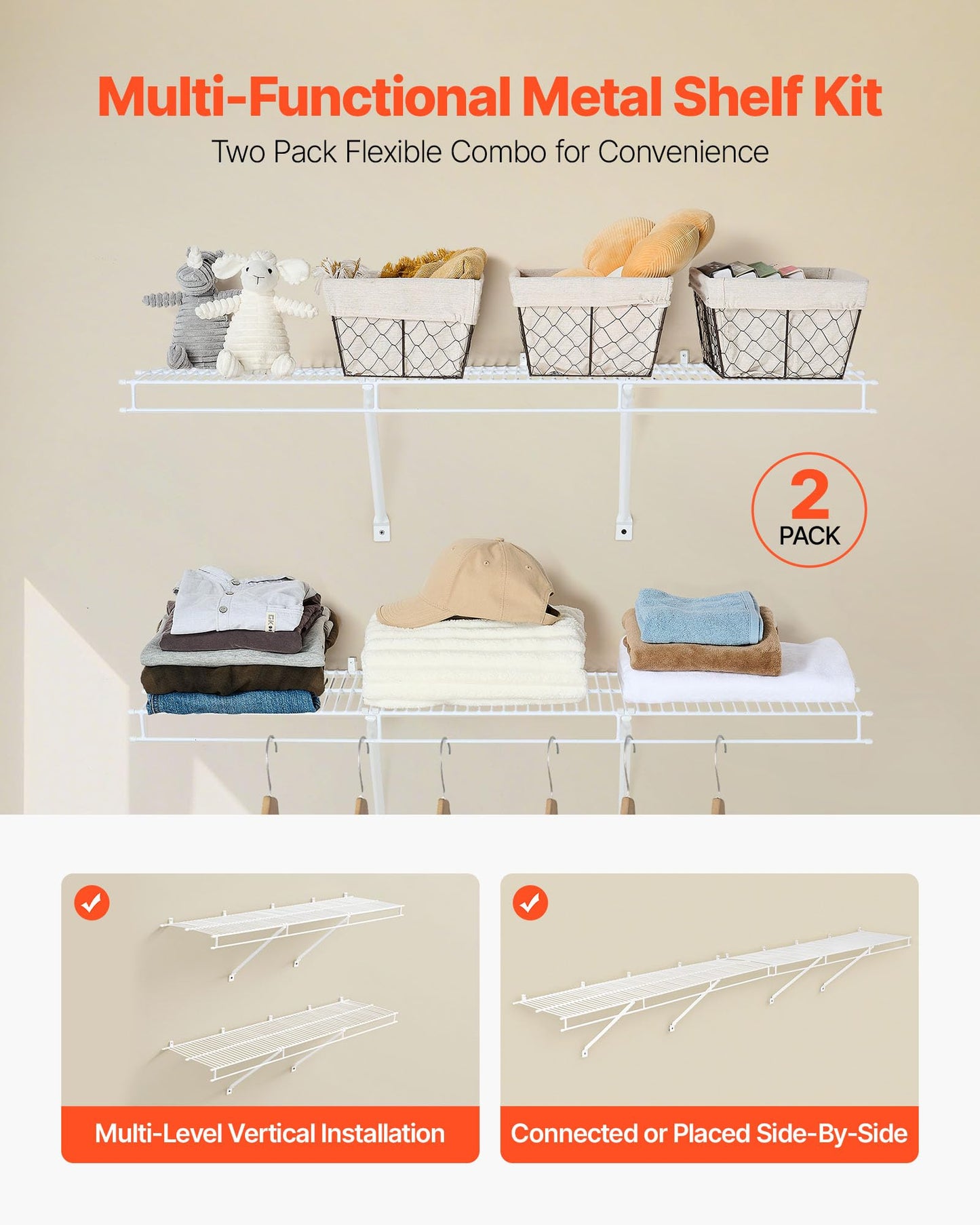 VEVOR Wire Shelf Kit, 4 ft, Set of 2, Wall Mounted Wire Shelves, Heavy-Duty Carbon Steel Hanging