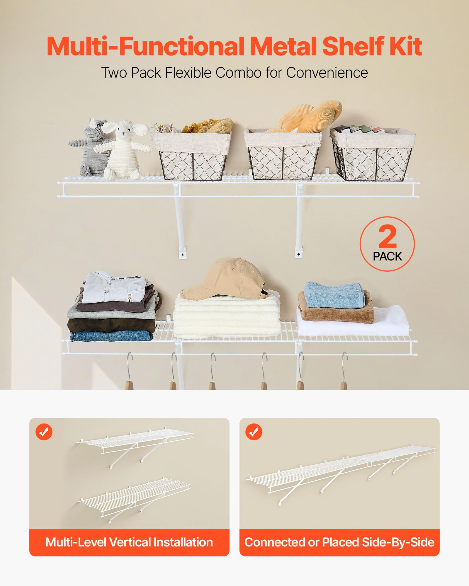VEVOR Wire Shelf Kit, 4 ft, Set of 2, Wall Mounted Wire Shelves, Heavy-Duty Carbon Steel Hanging