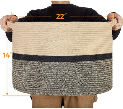 Ravinte Large Storage - 22"x 22"x 14" Blanket Basket for Living Room, Baby Toy Storage, Cotton Rope Woven Laundry Basket (Brown-Black-Light Black)