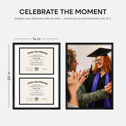 Homeforia 14x20 Double Diploma Frame, High End Oak 14 x 20 Black Wood Certificate Frames with Mat for Two 8.5x11 Diplomas, 20x14 Wooden Dual Award Graduation Frames, Tempered Glass, Wall Kit, Set of 1